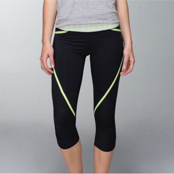 Lululemon Run Pace Crop Black Deauville Stripe Clear Mint Light Grey Pant 4 - Picture 11 of 11